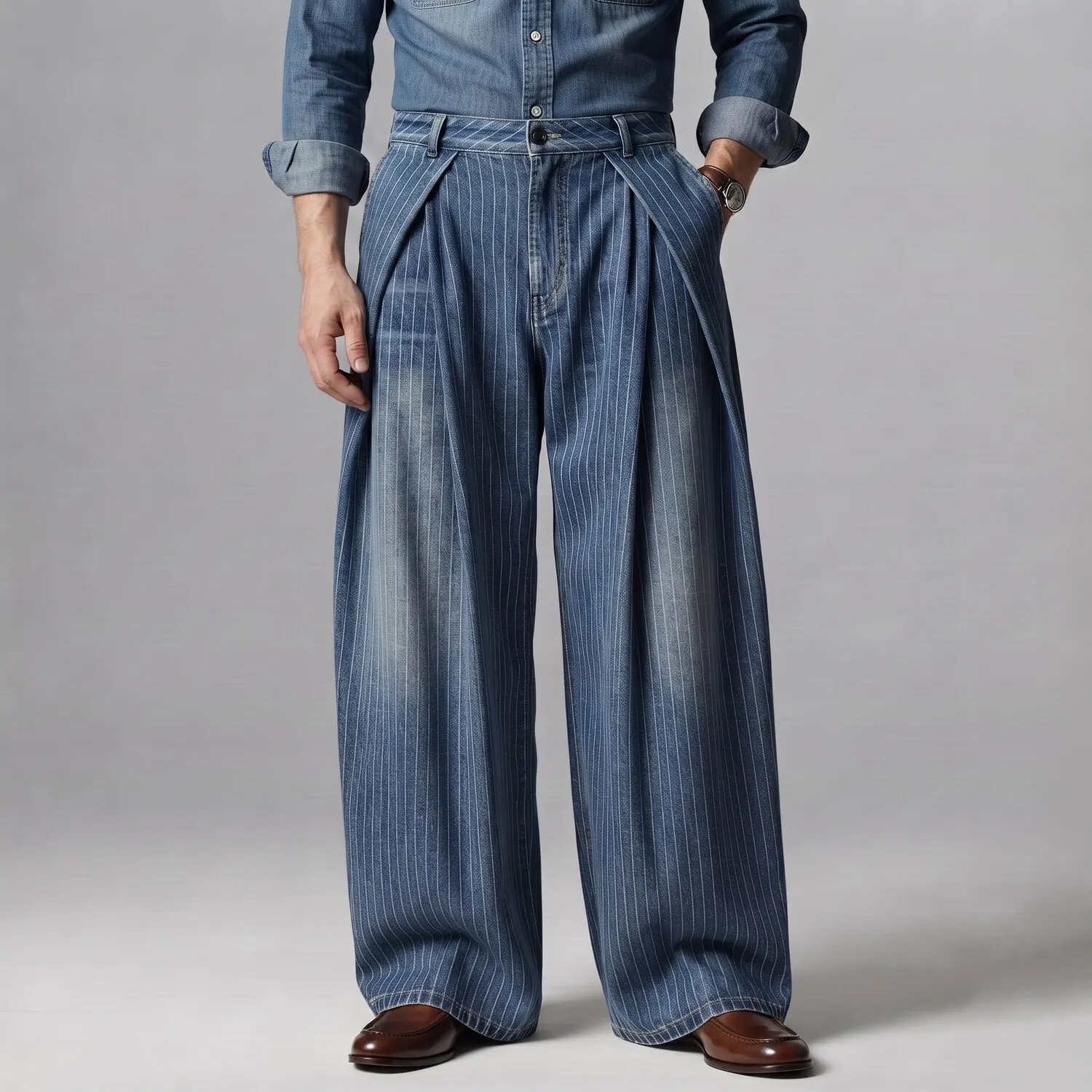 para hombre Pinstripe Pattern Slant Pocket Pleated Wide Leg Denim pantalón