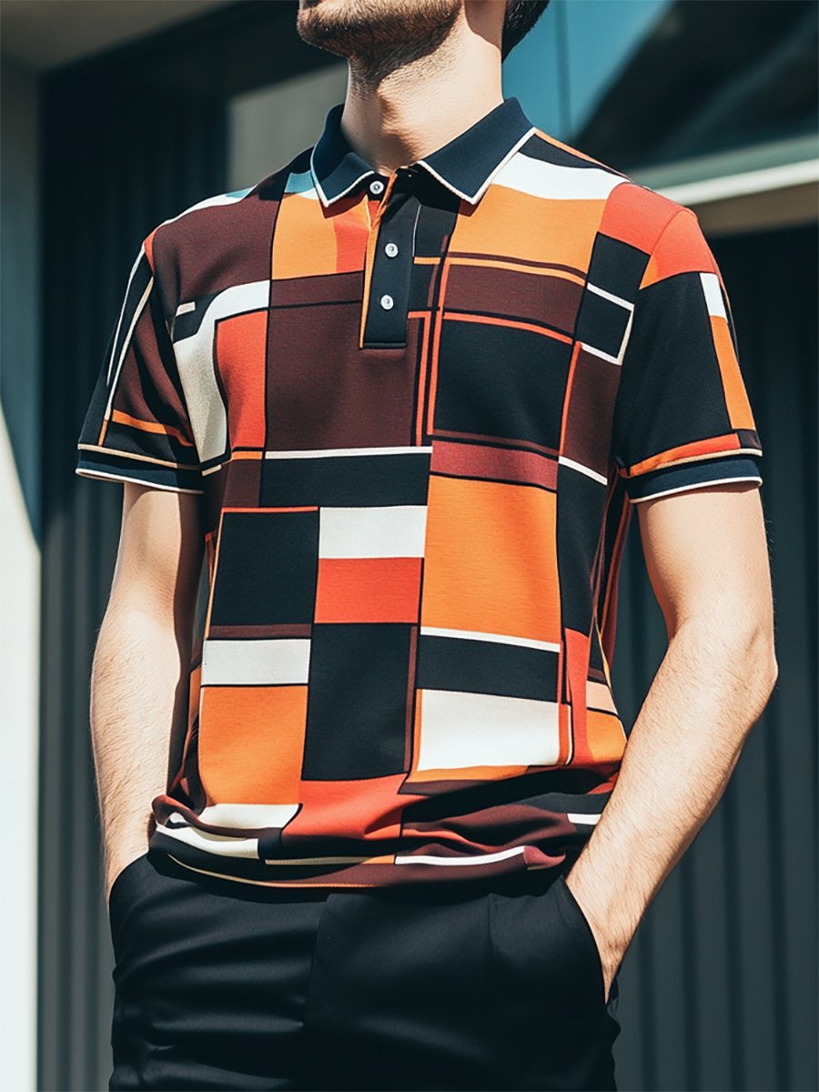Camisa polo casual ejecutivo geométrico estampado con botones de manga corta para hombre