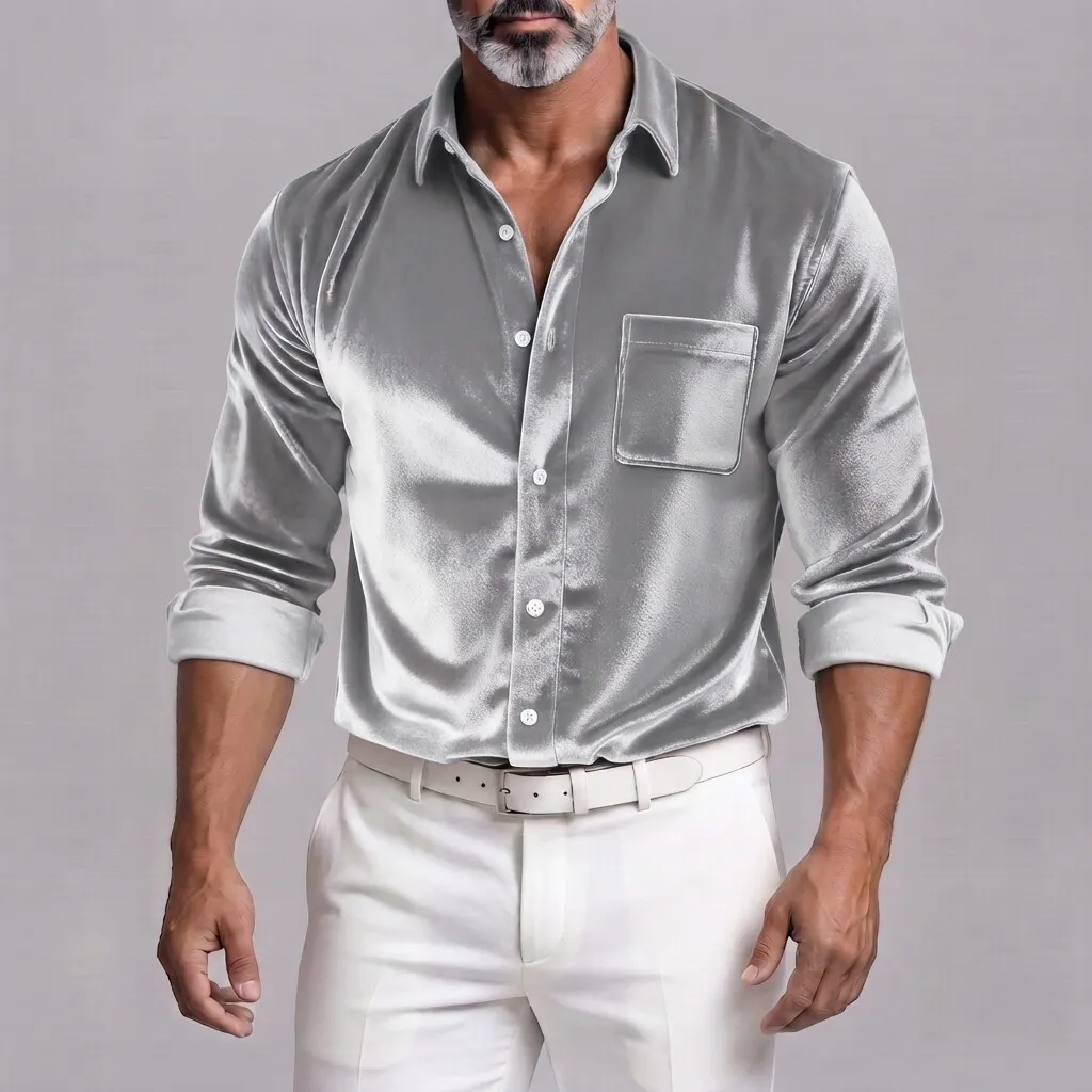 para hombre Velvet de color sólido con botones Chest Pocket de manga larga camisa