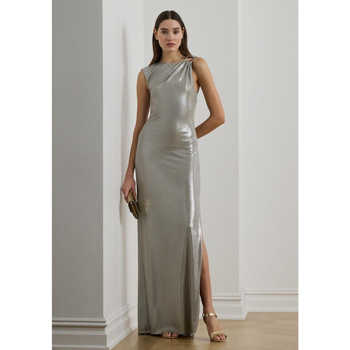 Women's Buckle-Trim Metallic Sleeveless Gown - 1
