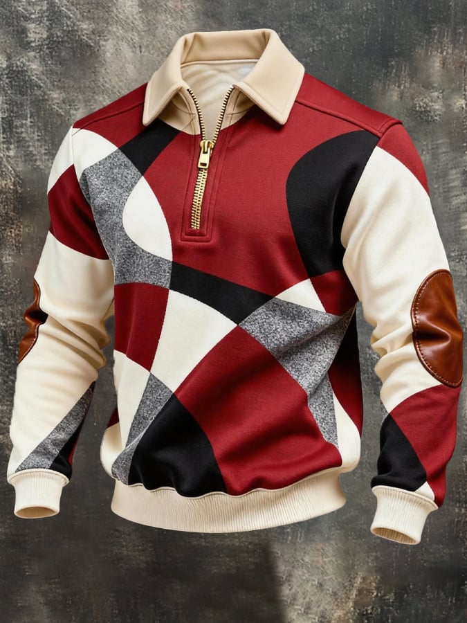 Sudadera vintage Color-Block estampado con cierre con gorrasucha para hombre