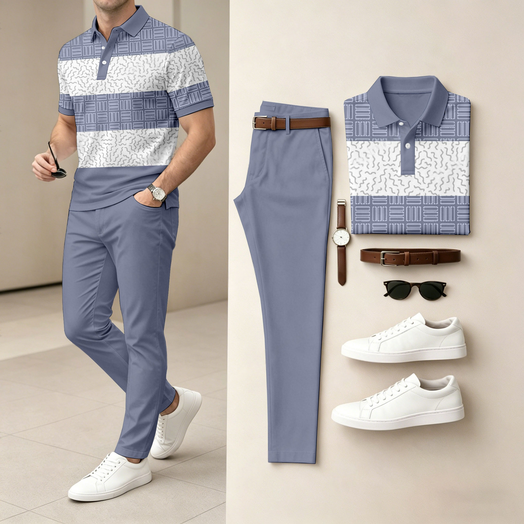 Conjunto de dos piezas casual Gray Geometry estampado camisa polo And pantalón para hombre