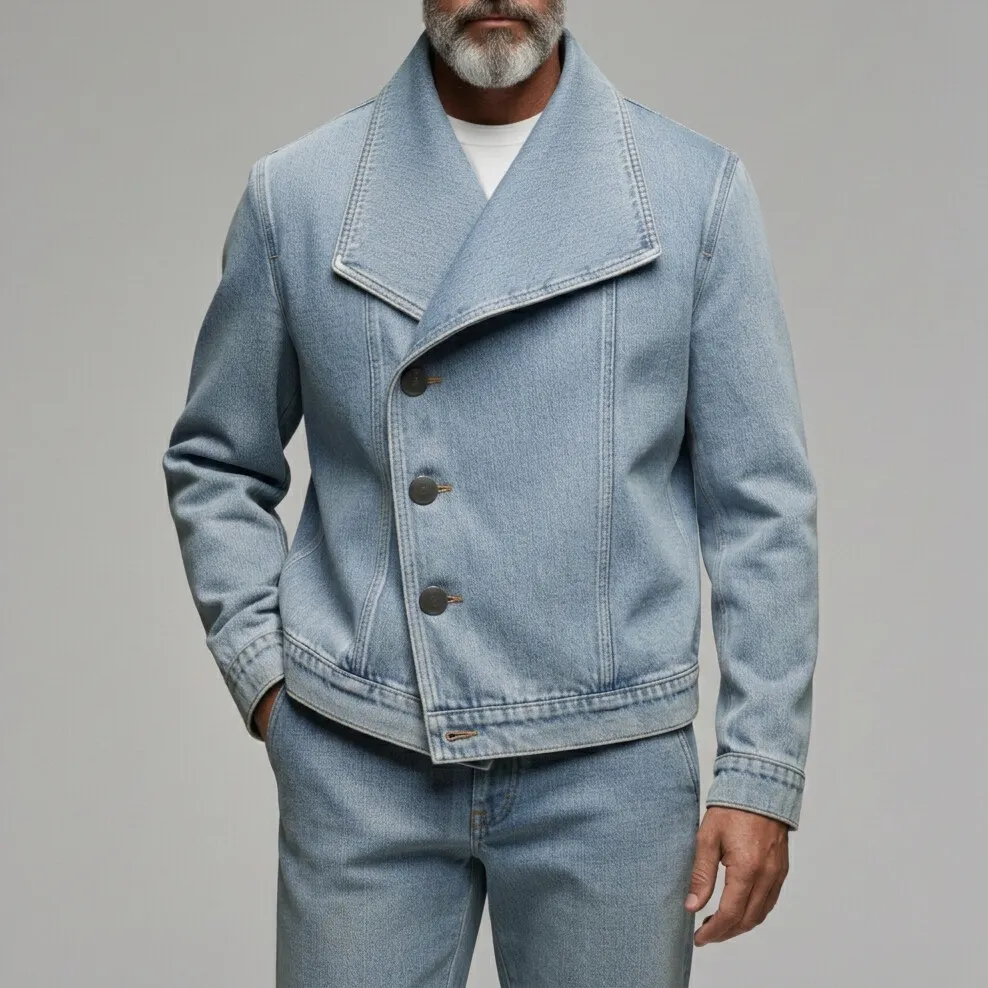 Chaqueta casual Light Blue Asymmetric Single Breasted Lapel Collar Denim para hombre