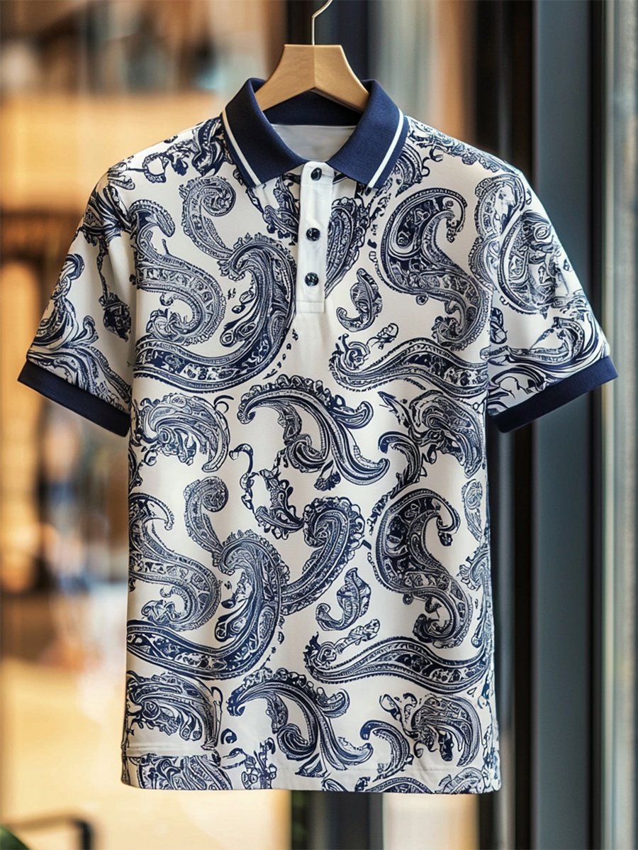 Camisa polo ejecutivo casual Paisley estampado Button de manga corta para hombre