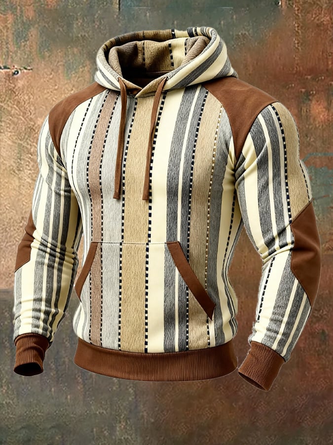 Sudadera retro desgastado en bloques de color estampado casual de manga larga para hombre