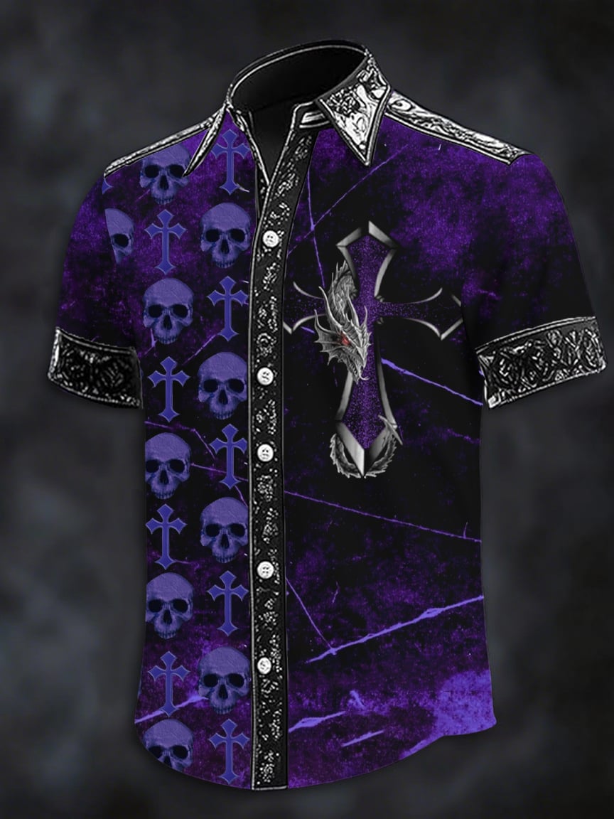 Camisa Dark Skull estampado casual de manga corta para hombre