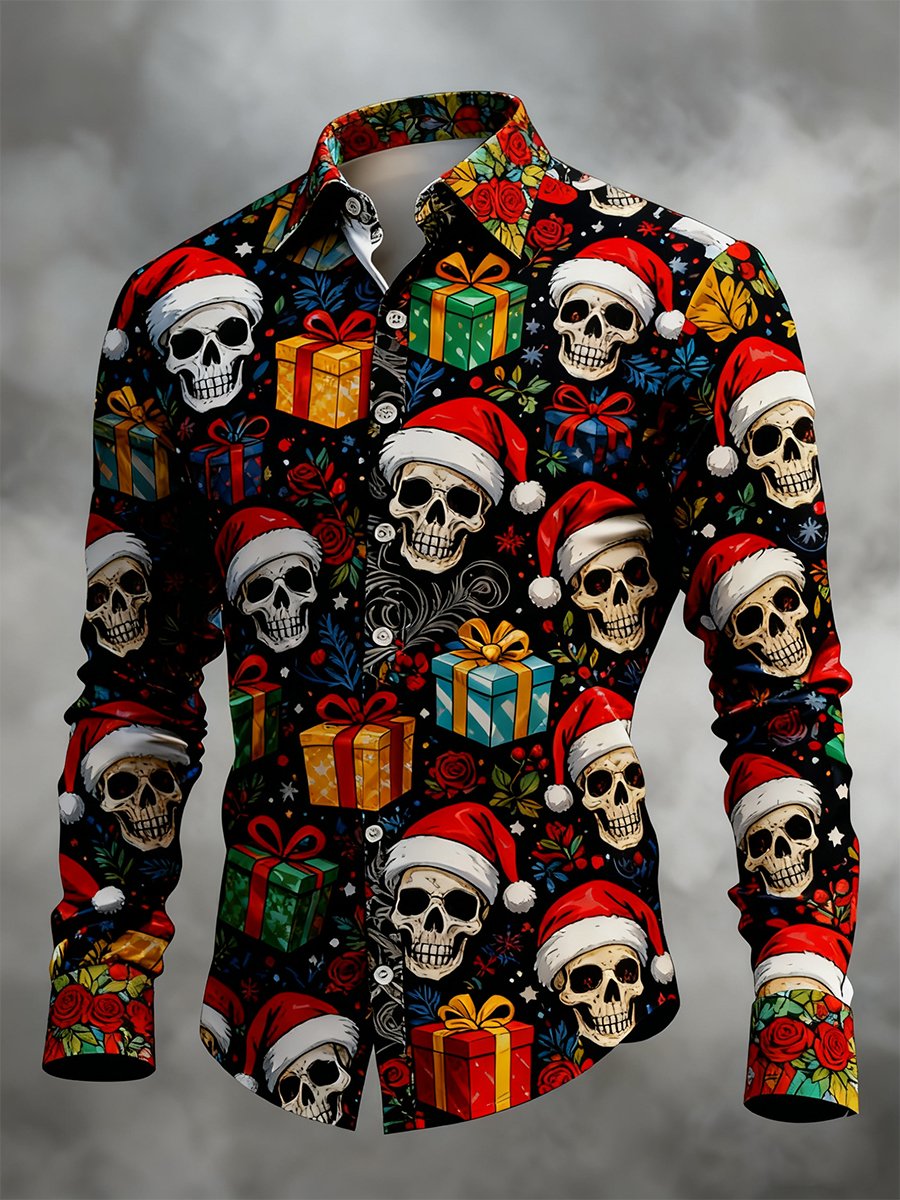 Camisa vintage Christmas Skull de manga larga para hombre