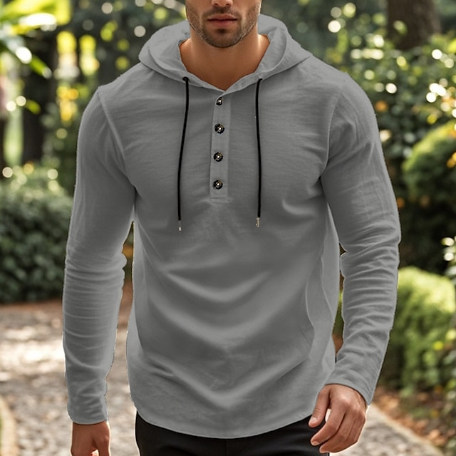 Camisa Beach Wear Hooded camisa Solid / Plain Color Street Going out Black White Khaki Gray de manga larga Hooded Summer Clothing Apparel Adjustable Drawstring Hood para hombre