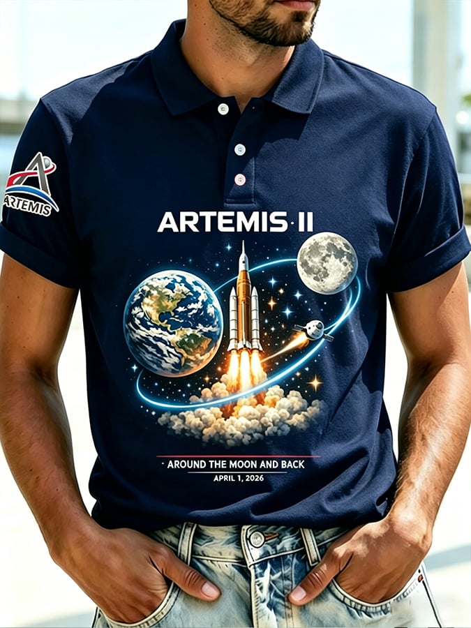 Camisa polo retro Artemis II 2026 Rocket Launch estampado