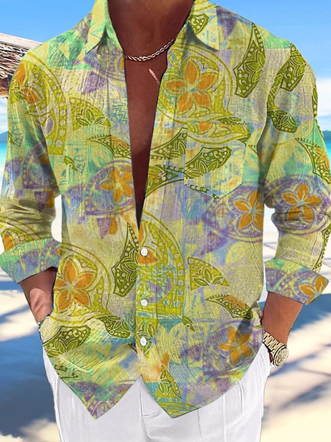 Camisa casual Hawaiian Turtle estampado Lapel para hombre