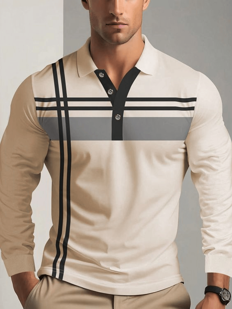 Camisa polo ejecutivo casual a rayas de manga larga para hombre
