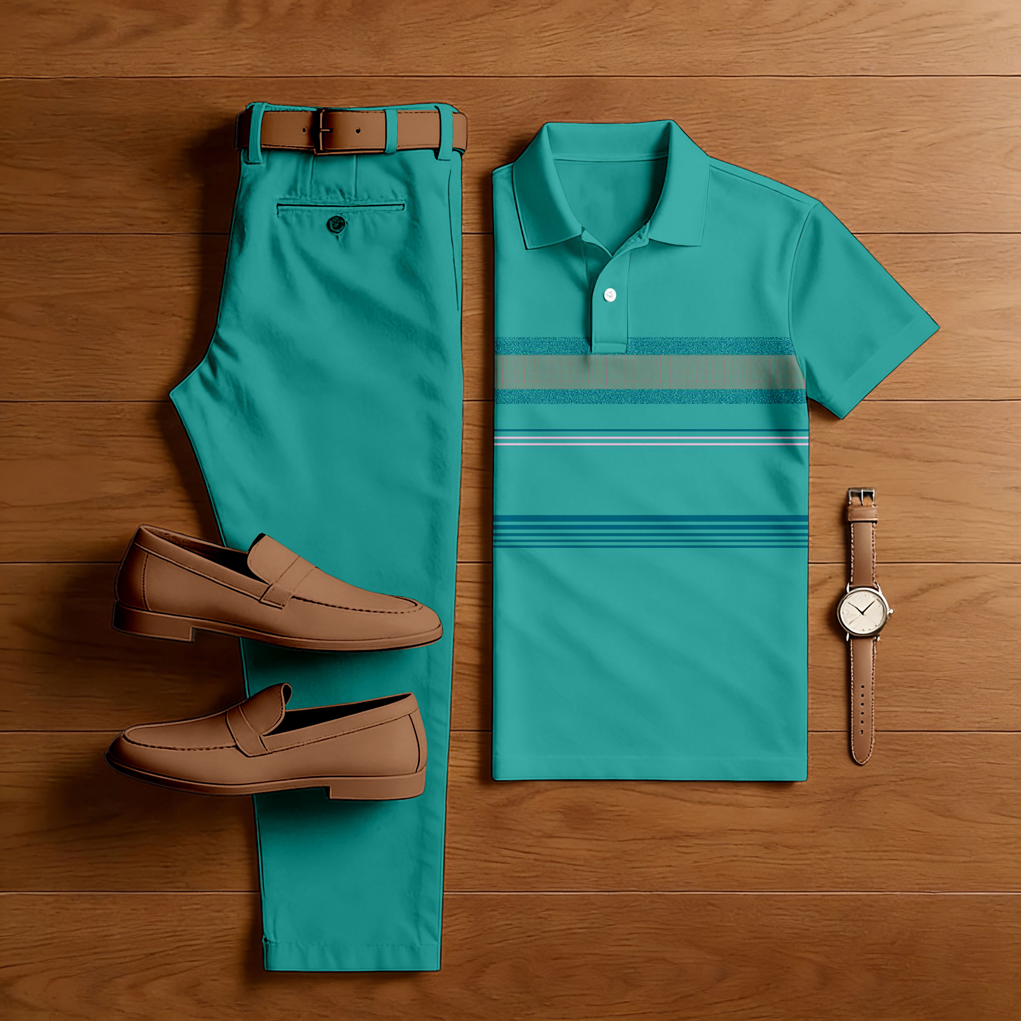 Conjunto de dos piezas casual Green Color Matching a rayas estampado de manga corta camisa polo & Trousers para hombre