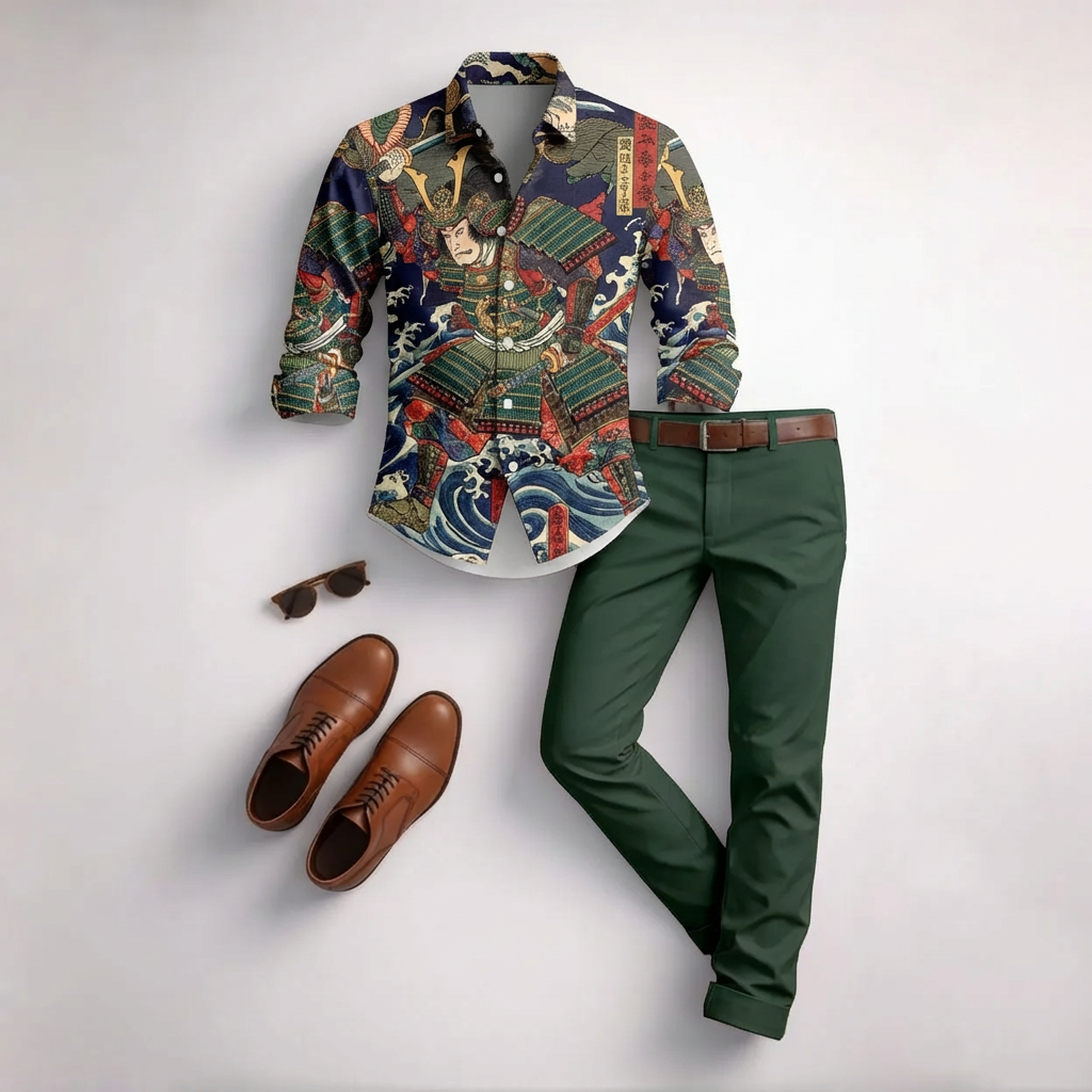 Conjunto de dos piezas casual Color-Blocked Samurai estampado de manga larga camisa And Trousers para hombre