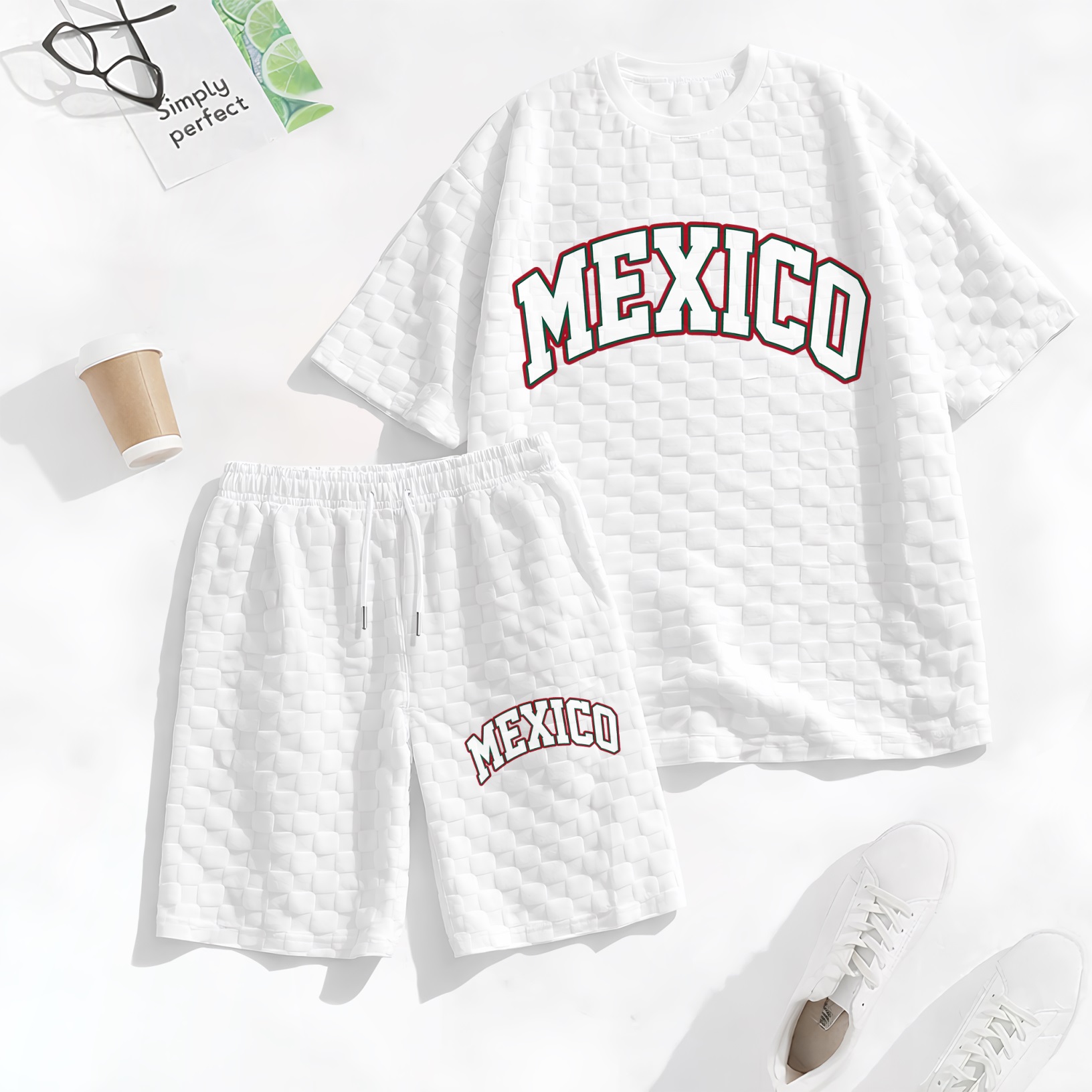 Camisa Spring/Summer Mexican-estampado a cuadros Drawstring shorts Set—A casual summer outfit featuring a de manga corta and shorts, ideal for both everyday wear and athletic activities para hombre