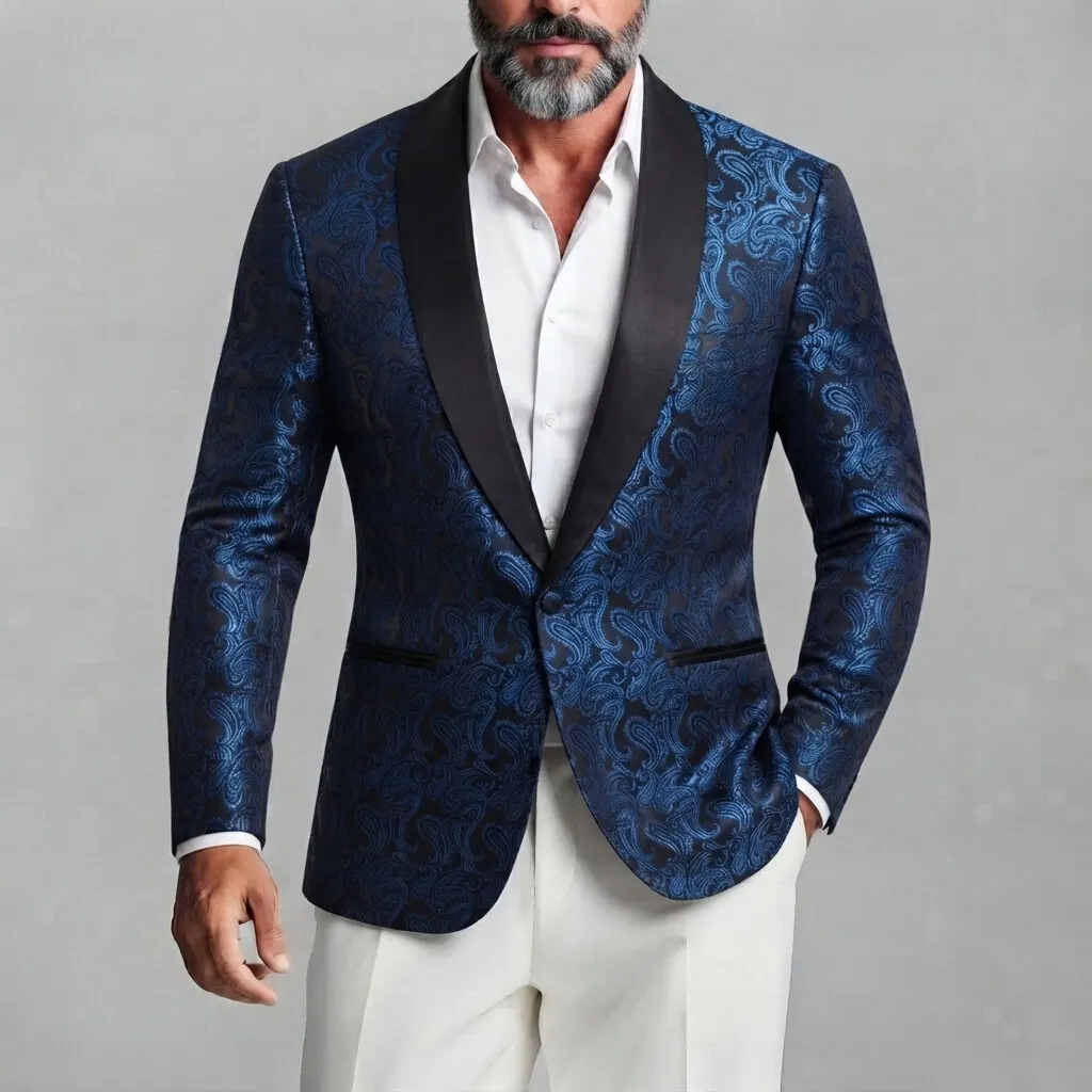 para hombre Party Royal Blue Paisley Pattern Contrast Shawl Lapel de corte entallado saco