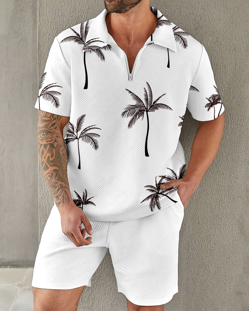 Suitmens Elegant And Simple Texture Coconut Tree Pattern Zipper Polo Set