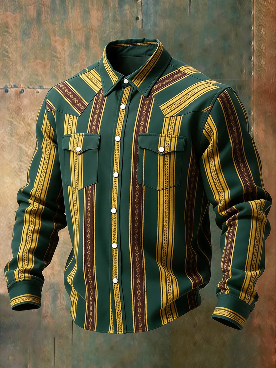 Camisa vintage a rayas Western de manga larga para hombre