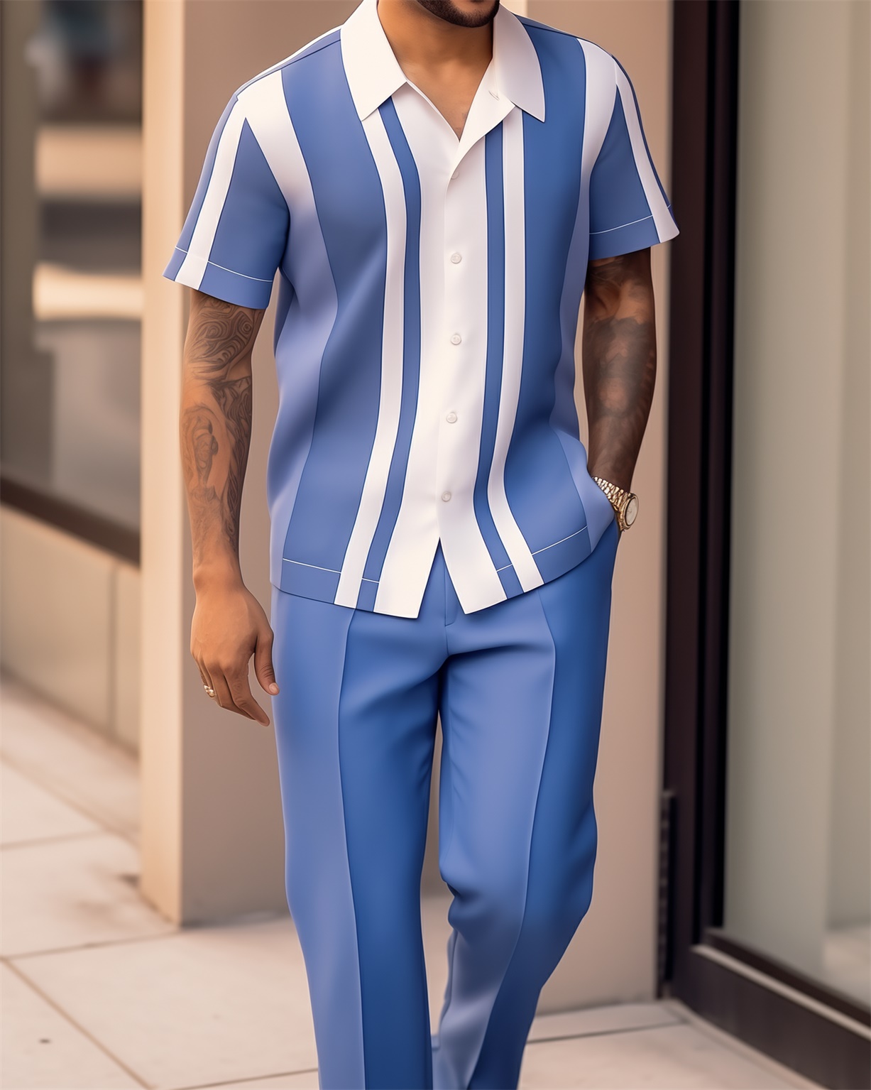 Camisa retro colorblock de manga corta walking Suit 1604 para hombre