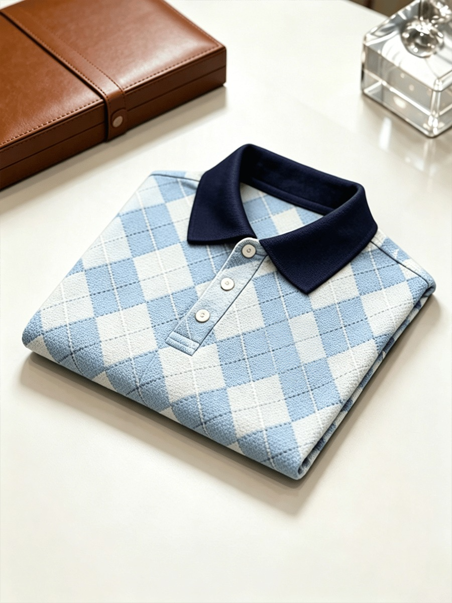 Camisa polo ejecutivo Colorblock a cuadros estampado para hombre