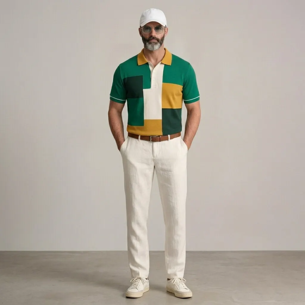 Camisa polo de moda Colorblock Turndown Collar de manga corta casual para hombre