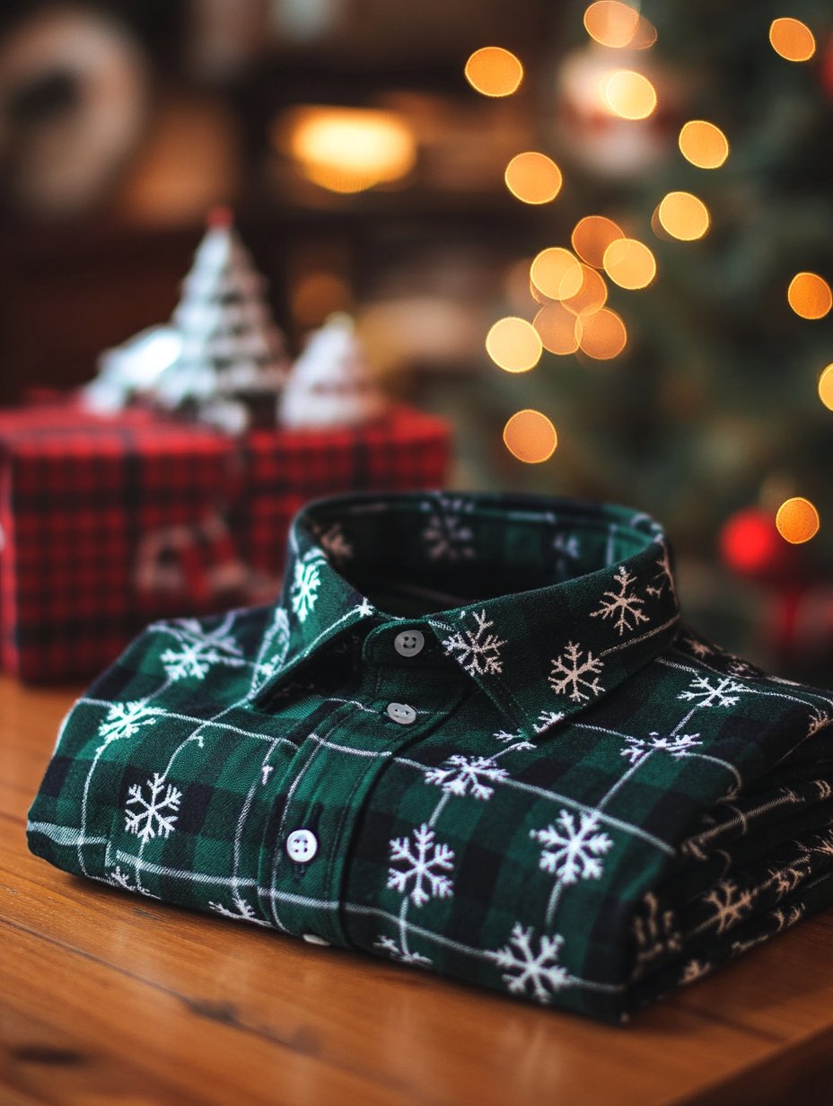 Camisa Christmas ejecutivo de lujo a cuadros Snowflake estampado de manga larga para hombre