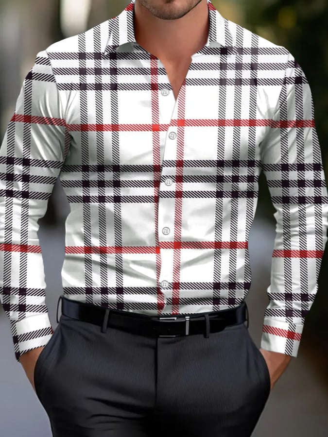 Camisa ejecutivo casual geométrico estampado de manga larga para hombre