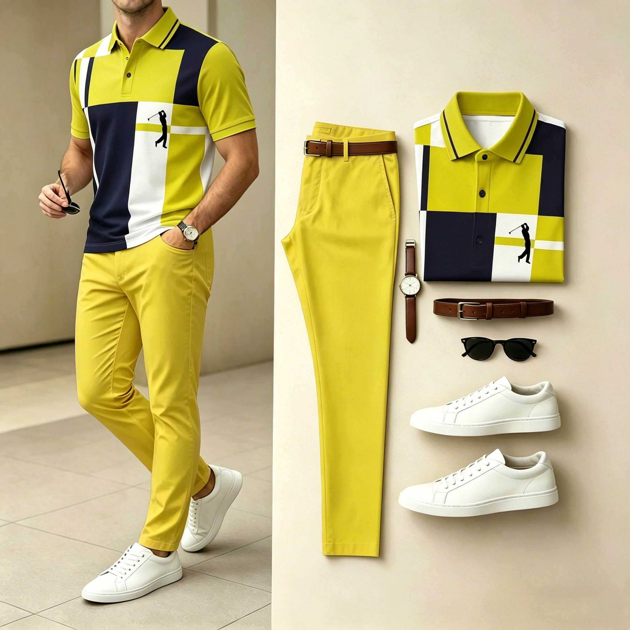 Conjunto de dos piezas casual Yellow Navy a cuadros estampado camisa polo & pantalón para hombre