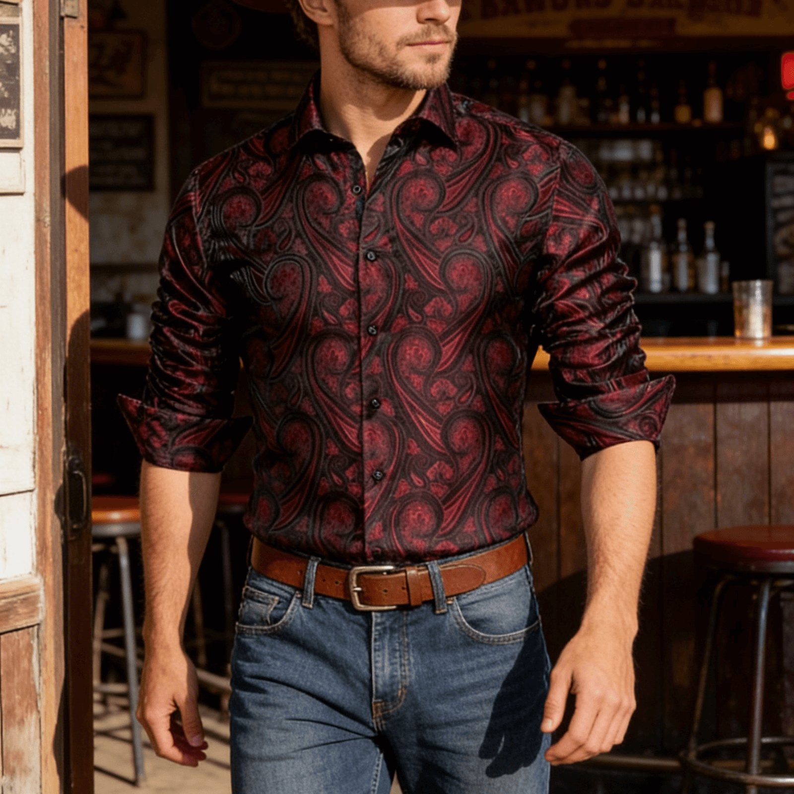 Camisa Mens Western seda Burgundy Paisley de manga larga con botones camisa de chalecoir