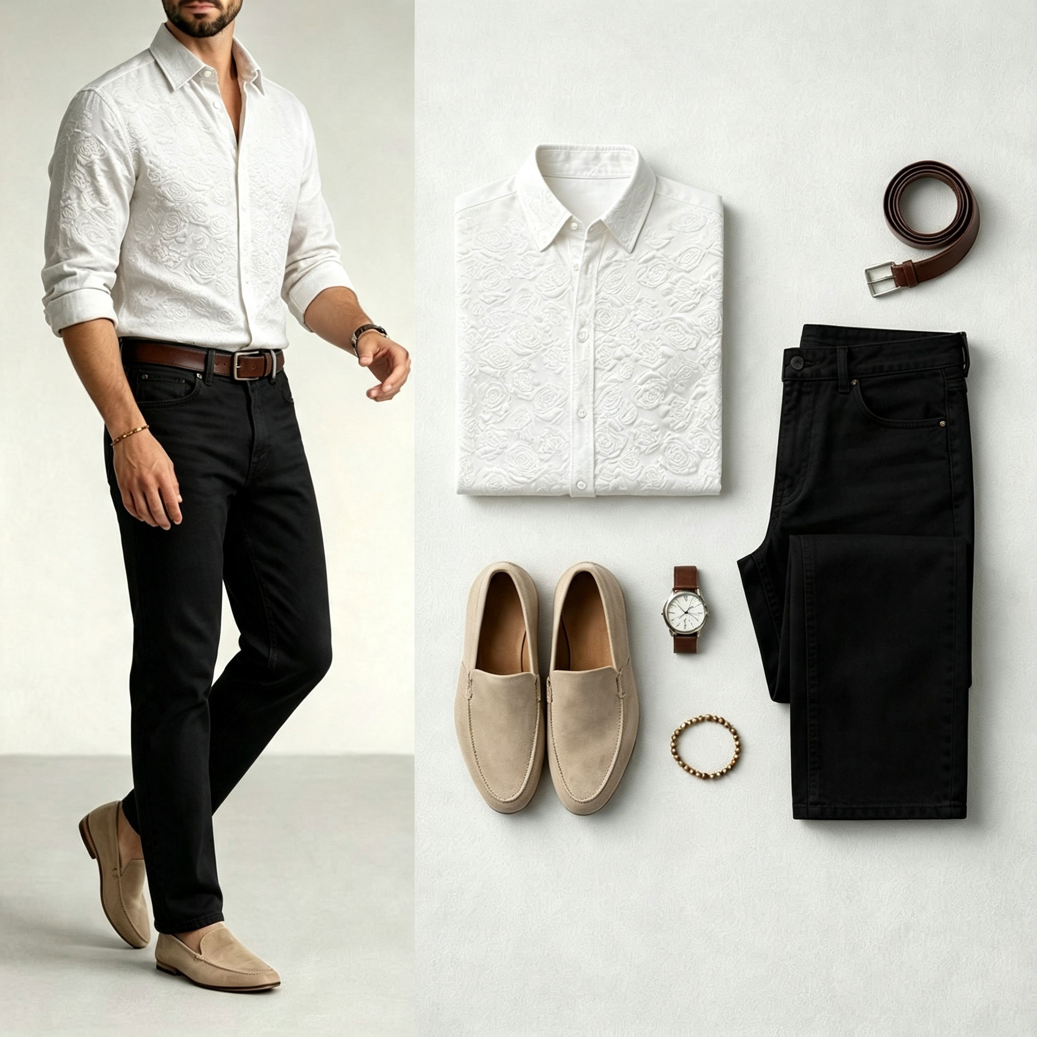 para hombre White de manga larga camisa and Jeans Set