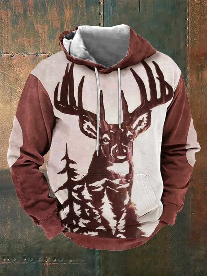 Sudadera retro Three-Dimensional Engraved Elk estampado Hooded para hombre
