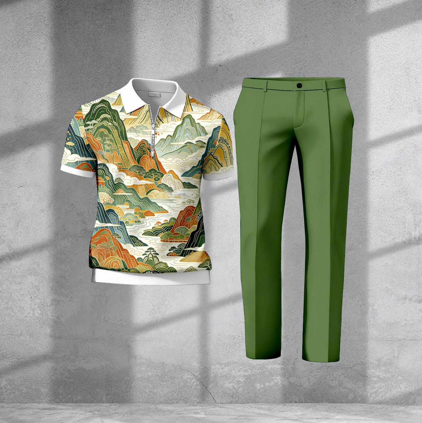 Conjunto de dos piezas casual Green Mountain estampado Polo de manga corta camiseta And pantalón para hombre