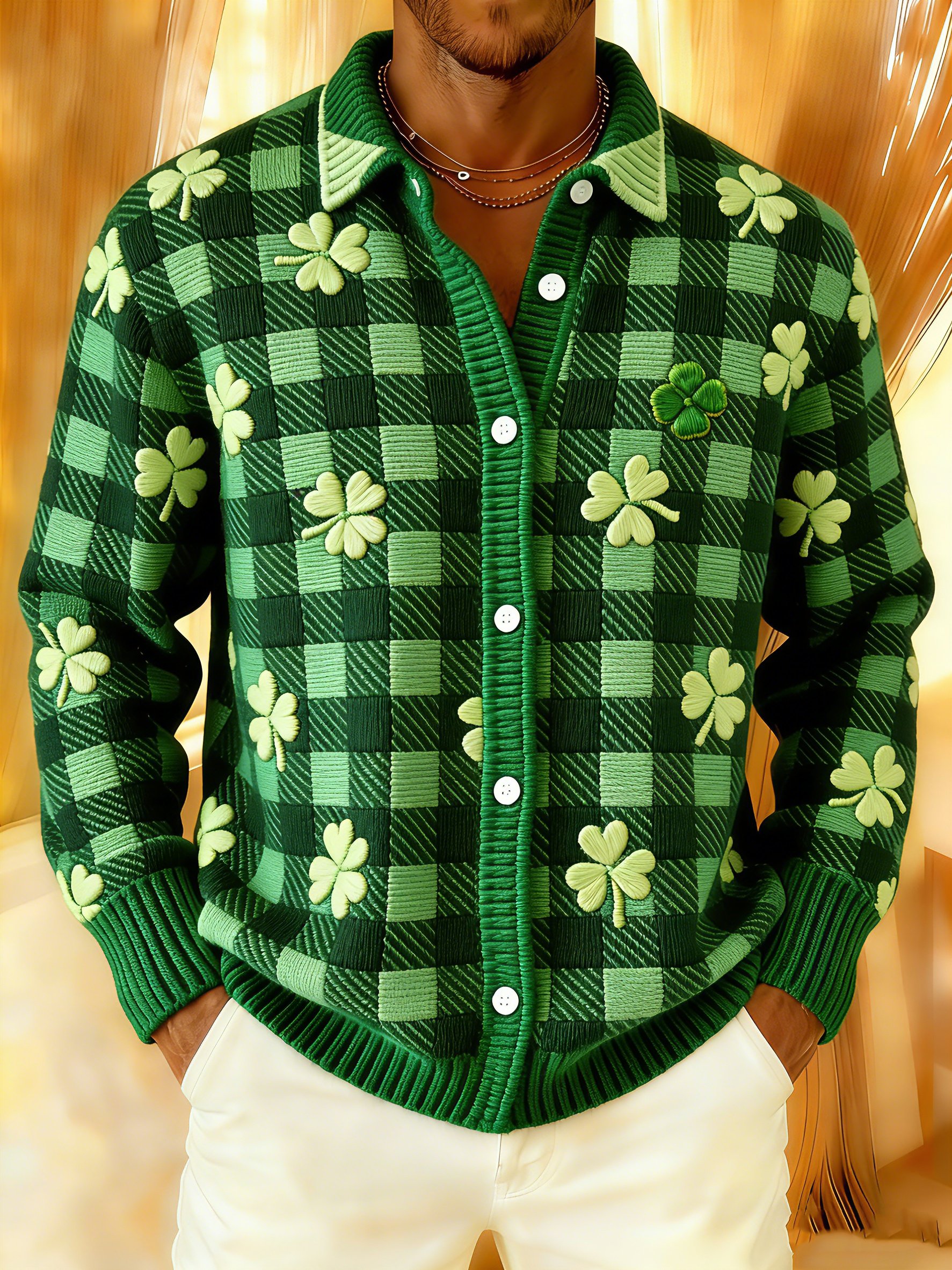 Cárdigan St. Patrick’s Day a cuadros Leprechaun Shamrock suave Cozy tejido camisa para hombre