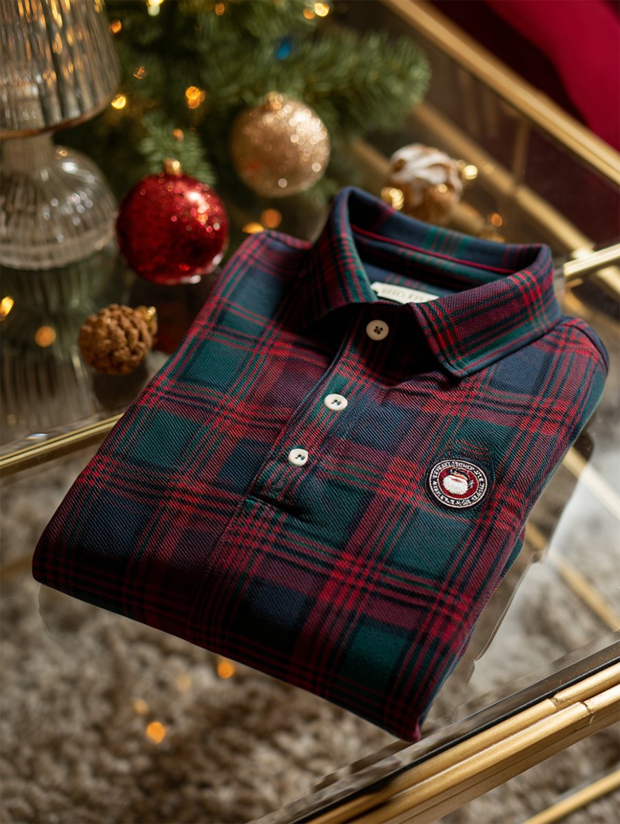 Camisa polo Christmas a cuadros de manga larga para hombre