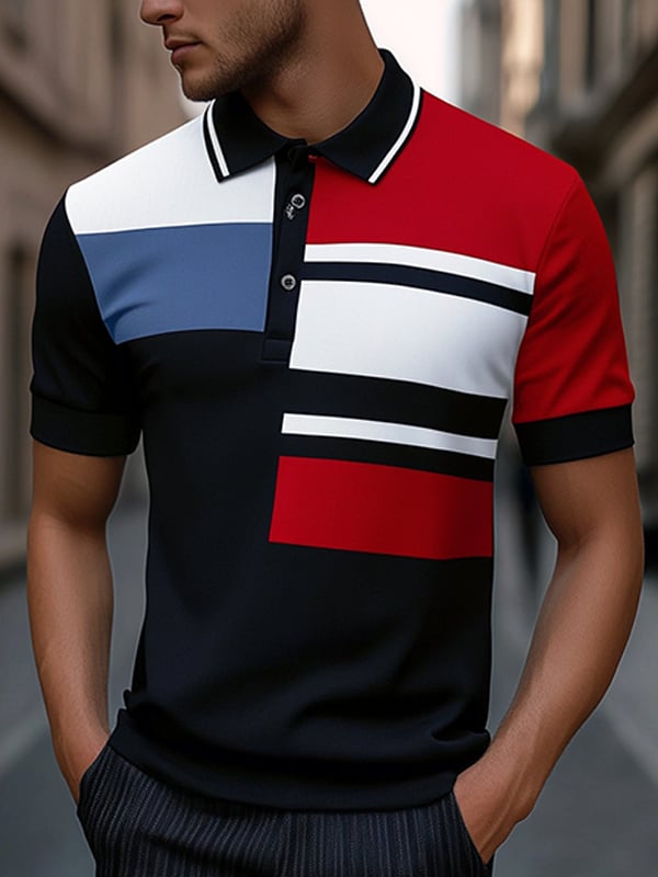 Camisa polo ejecutivo rayas Logo con botones de manga corta para hombre