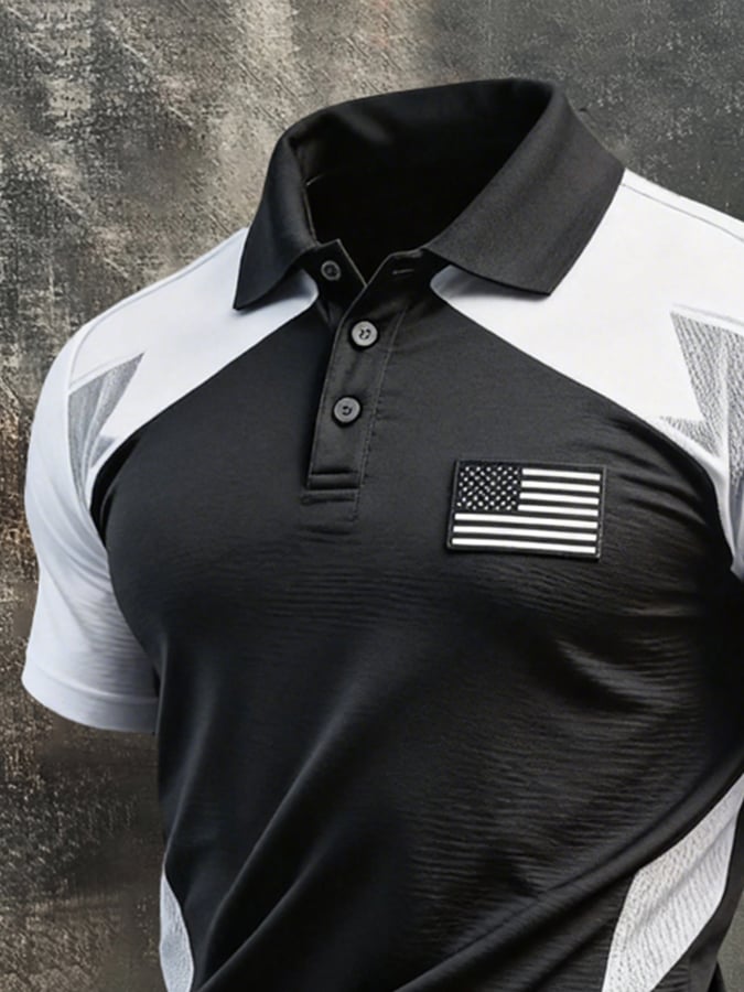 Camisa polo retro Patriotic Color-Block de manga corta para hombre