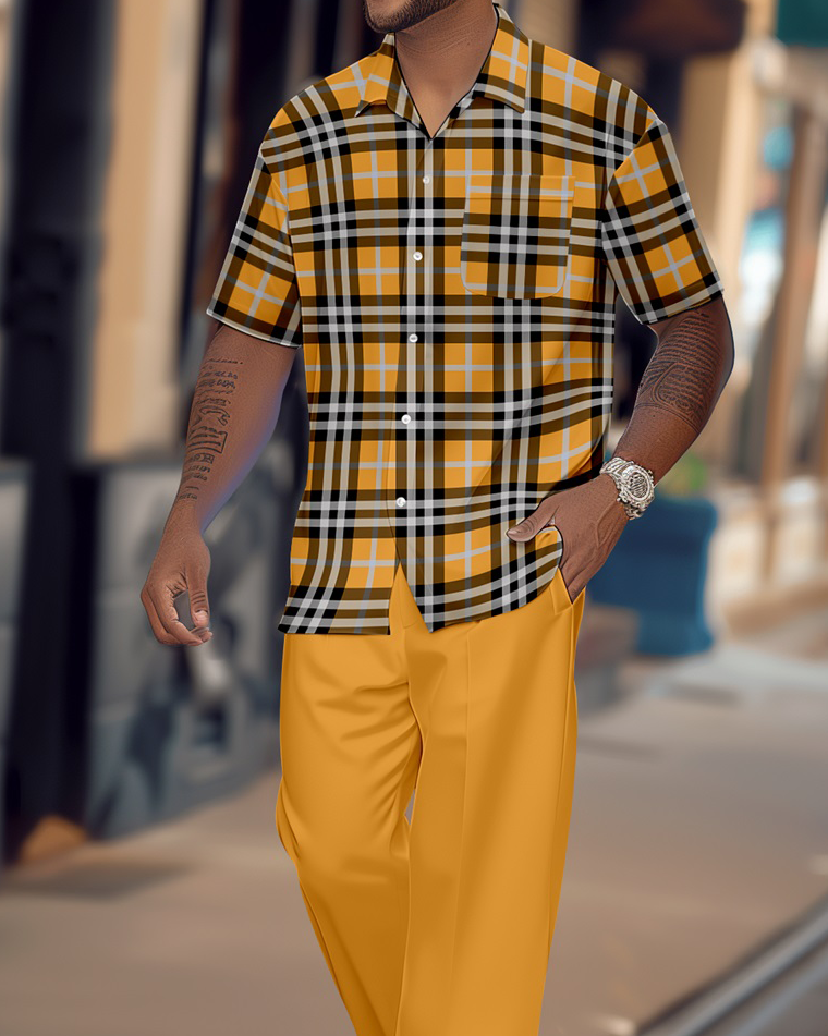 Camisa retro a cuadros Colorblock de manga corta Walking Suit 1650 para hombre
