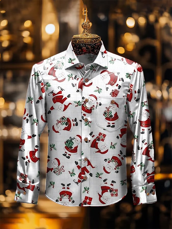 De lujo Christmas Contrast estampado de manga larga Pockecamiseta para hombre
