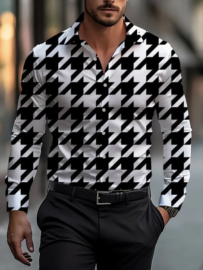 Camisa clásico ejecutivo a cuadros rayas estampado de manga larga para hombre