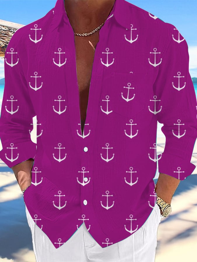 Camisa Nautical Design estampado Lapel Pocket casual para hombre