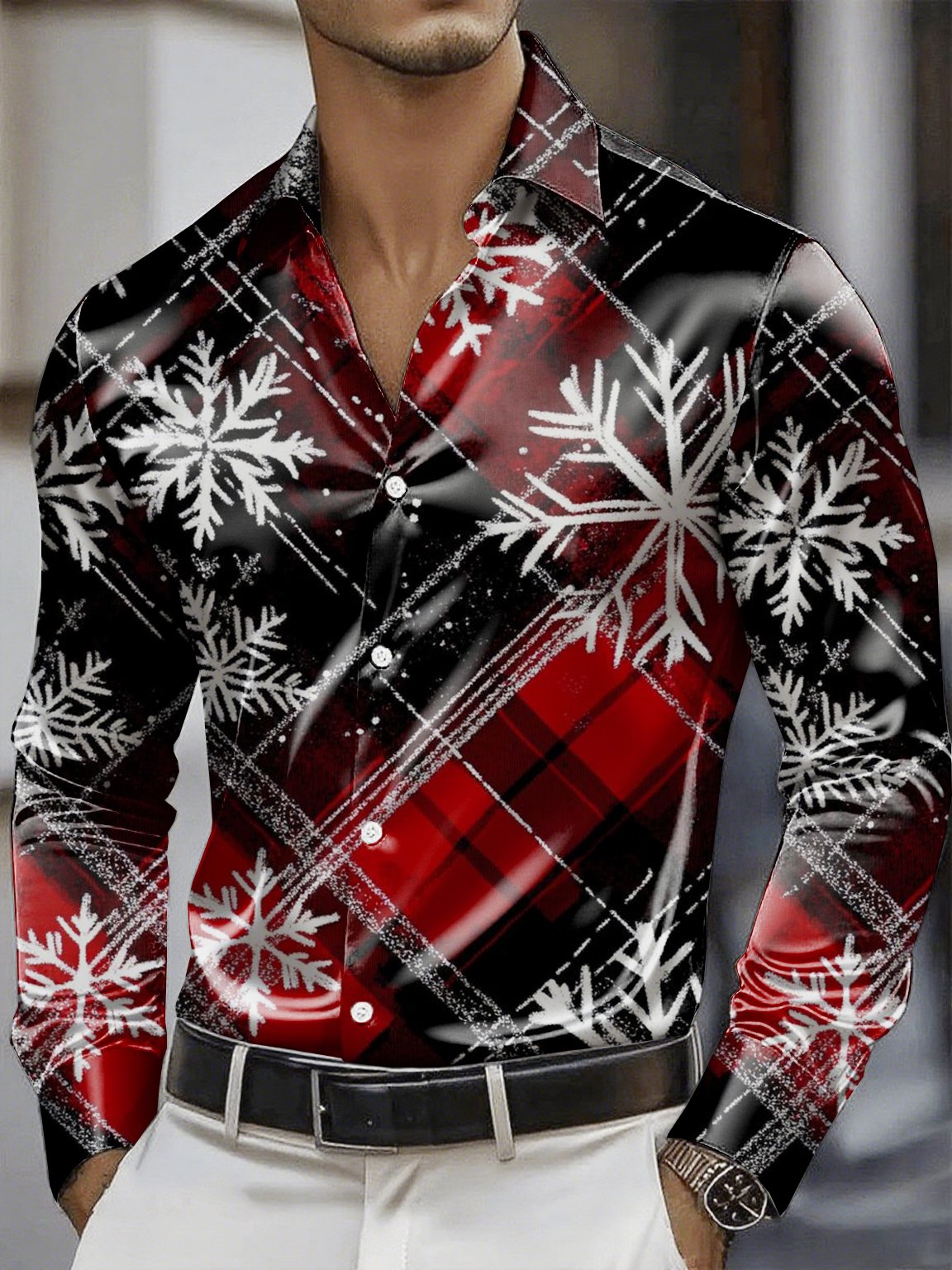Camisa Christmas satén Luxe de manga larga con botones para hombre
