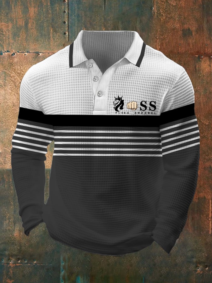 Camisa polo retro Letter Design Waffle Fabric de manga larga para hombre