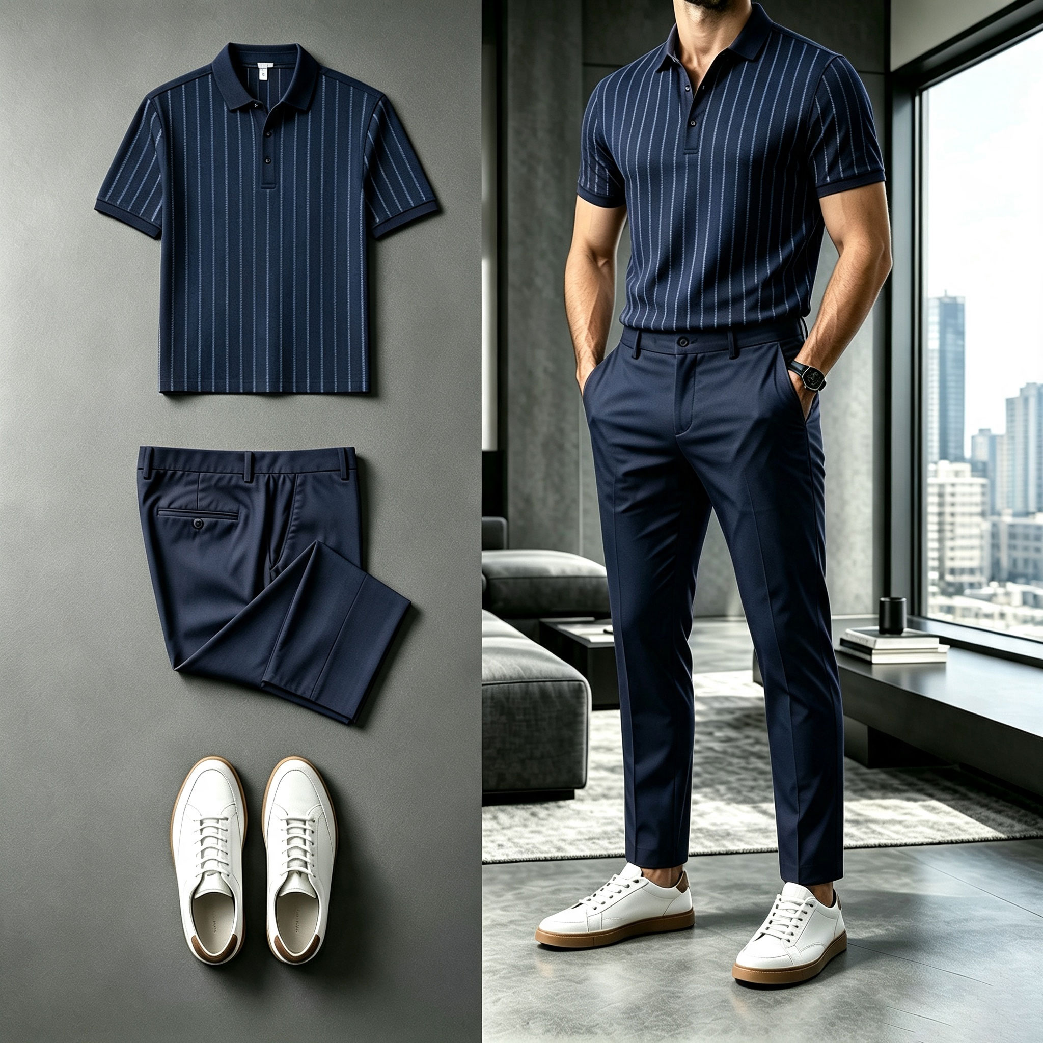 para hombre a rayas de manga corta camisa polo and pantalón Set