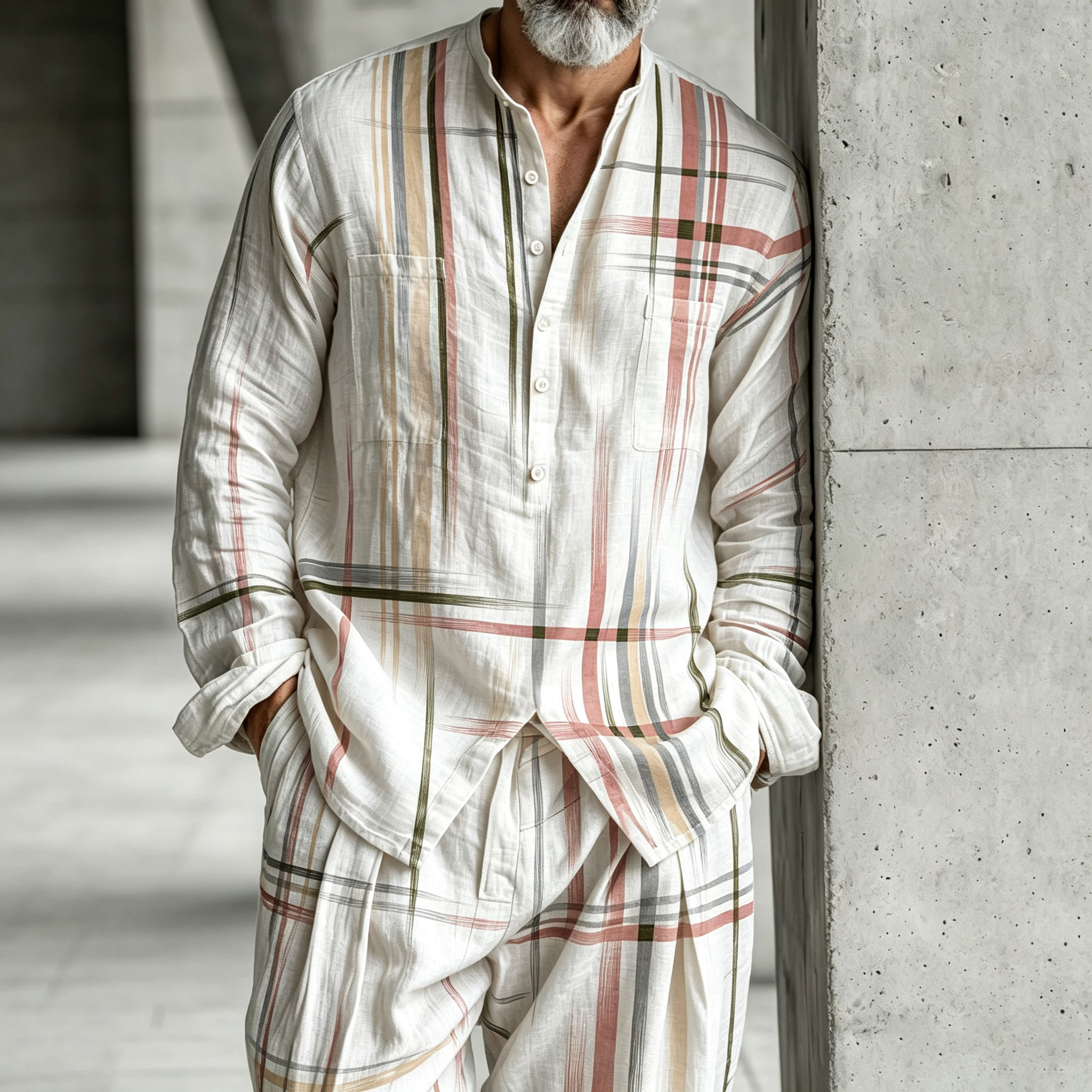 para hombre Color-Blocked Stand-Collar Half-Open Henley camisa and pantalón