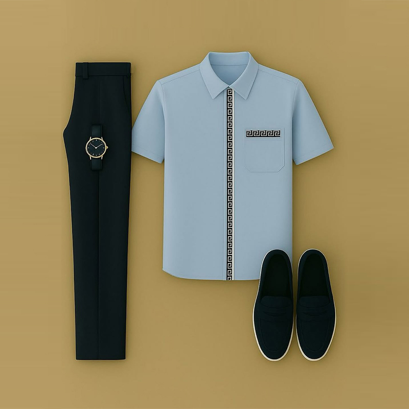 Conjunto de dos piezas casual Black & Blue Color Matching estampado de manga corta Lapel Collar camisa & Trousers para hombre