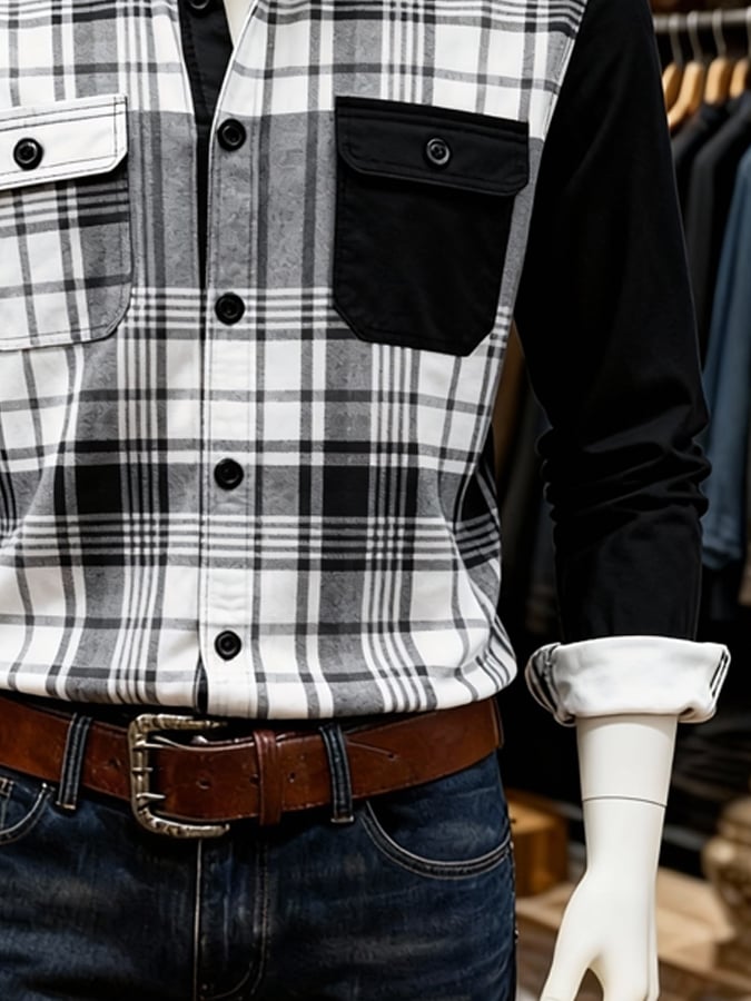 Camisa retro a cuadros Contrast Color de manga larga para hombre