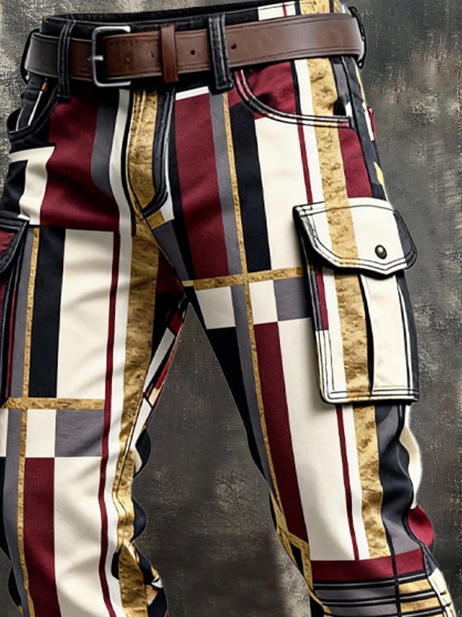 Pantalón retro en bloques de color desgastado bolsillo Cargo para hombre