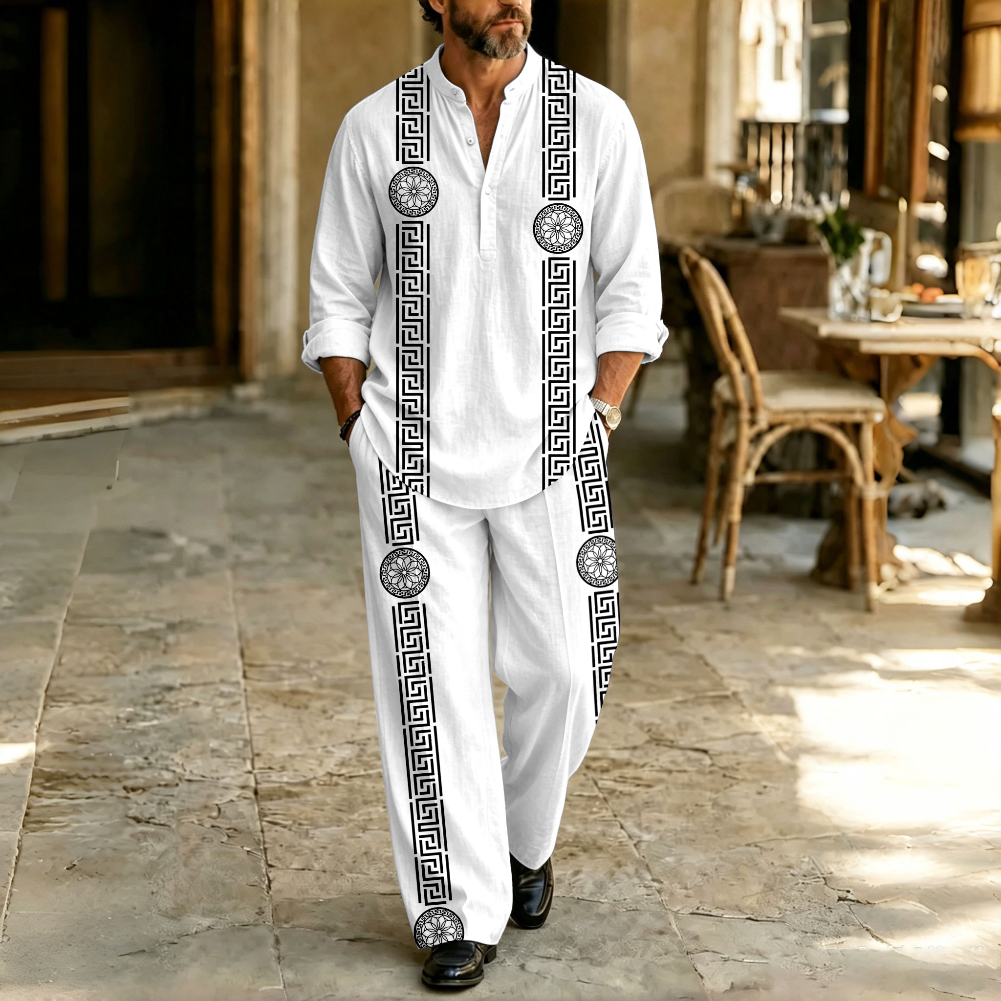 para hombre Symmetrical Print Stand-Collar camisa polo and pantalón Set