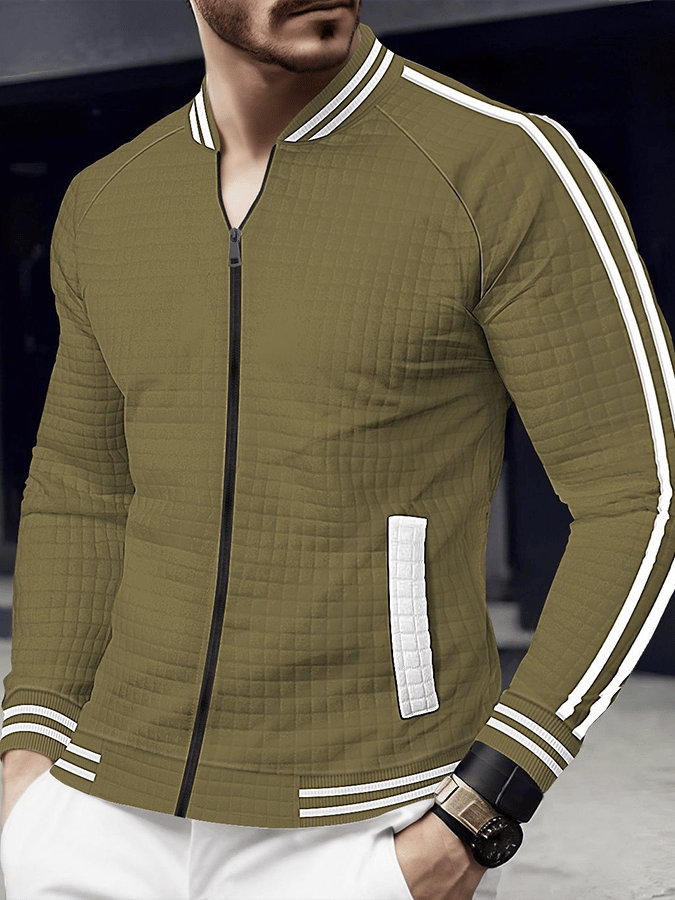 Chaqueta jacquard Stand cuello de color sólido cierre para exterior Versatile para hombre