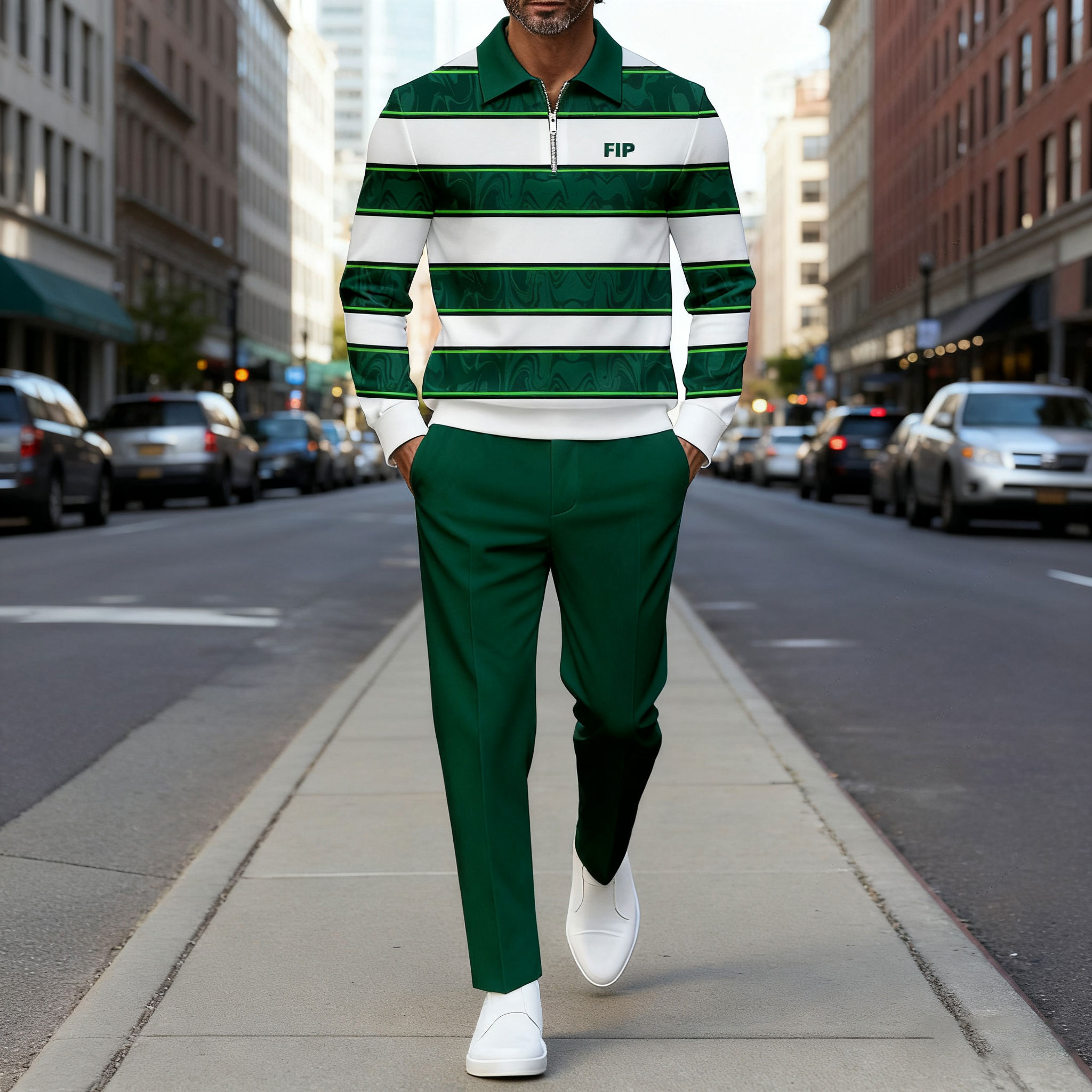 Conjunto de dos piezas casual Green & White Color Matching a rayas estampado Polo-cuello cierre de manga larga Trousers para hombre