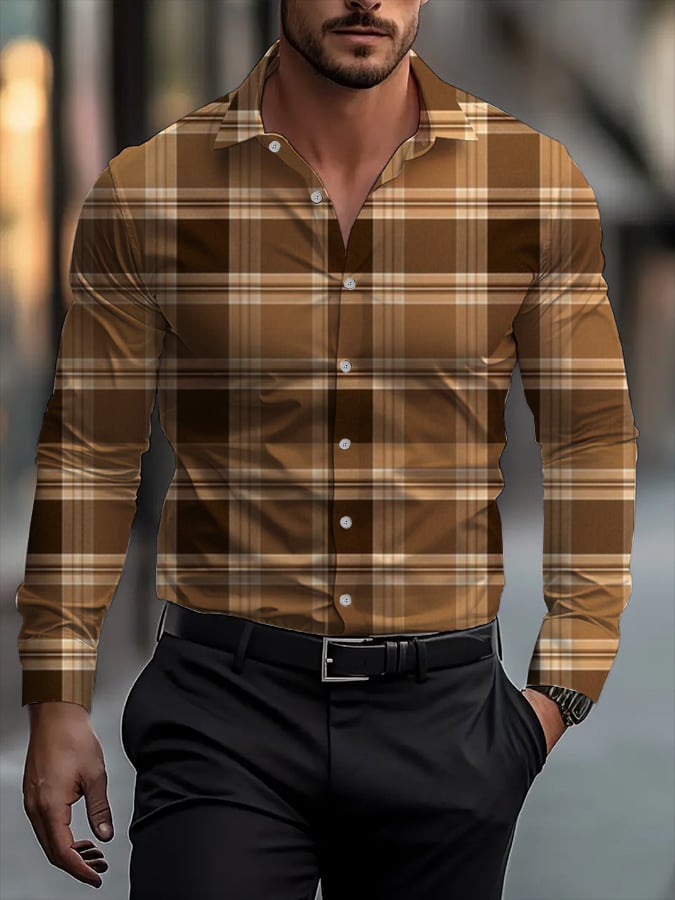 Camisa clásico ejecutivo a cuadros rayas estampado de manga larga para hombre